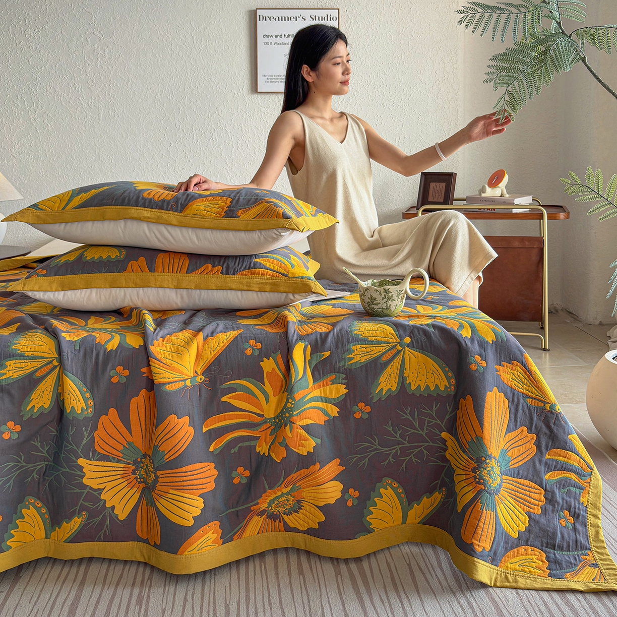 91家纺网 家纺一手货源 找家纺 棠薇家纺 2026新款纱布盖毯长绒棉纱布毛巾被夏被单双人棉纱盖毯毛巾毯夏季夏凉被空调被毯子可铺可盖床盖 花样蝶舞紫