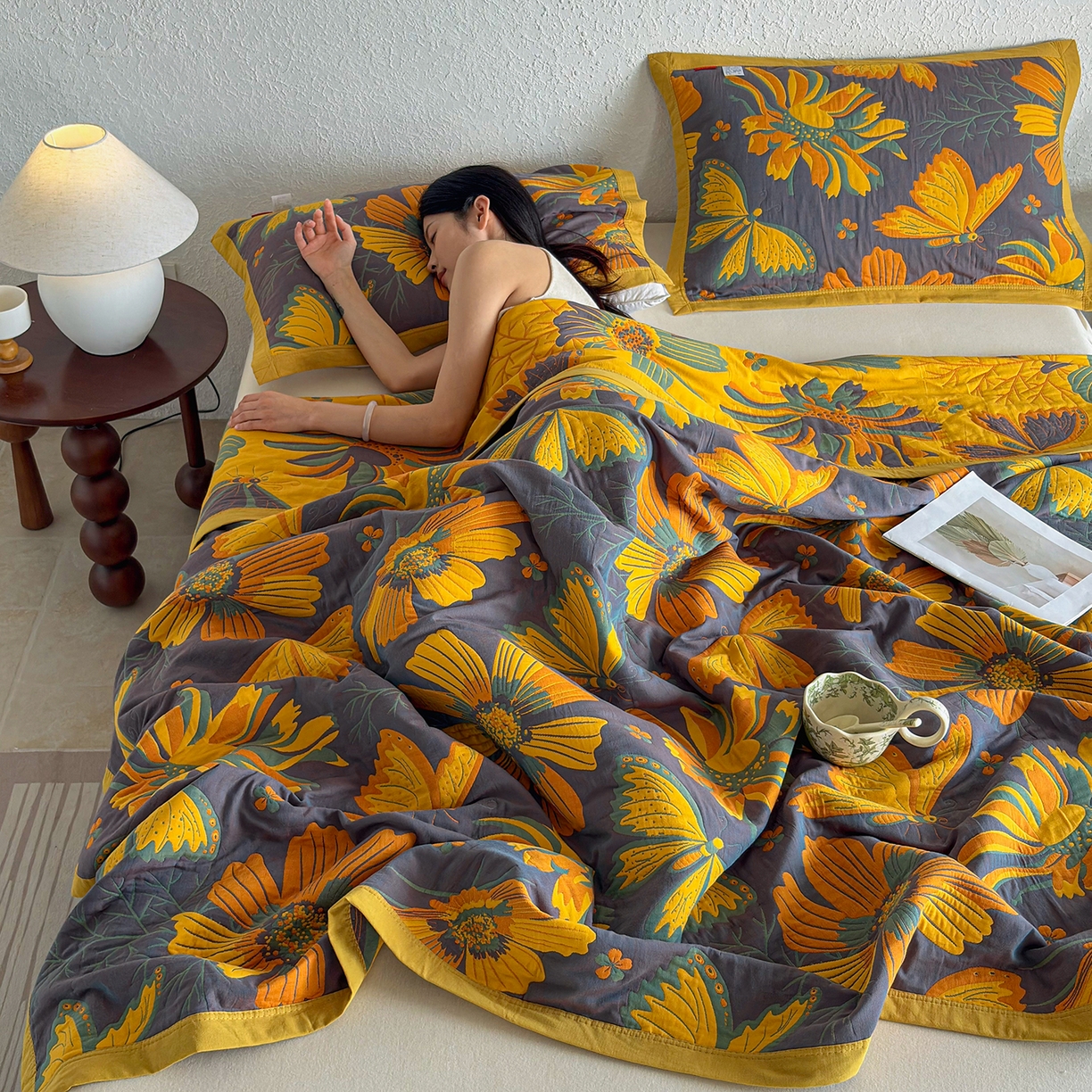 91家纺网 家纺一手货源 找家纺 棠薇家纺 2026新款纱布盖毯长绒棉纱布毛巾被夏被单双人棉纱盖毯毛巾毯夏季夏凉被空调被毯子可铺可盖床盖 花样蝶舞紫