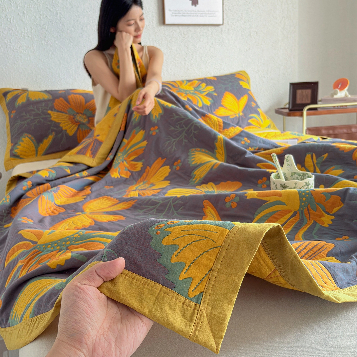 91家纺网 家纺一手货源 找家纺 棠薇家纺 2026新款纱布盖毯长绒棉纱布毛巾被夏被单双人棉纱盖毯毛巾毯夏季夏凉被空调被毯子可铺可盖床盖 花样蝶舞紫