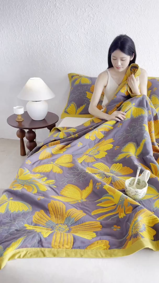 91家纺网 家纺一手货源 找家纺 棠薇家纺 2026新款纱布盖毯长绒棉纱布毛巾被夏被单双人棉纱盖毯毛巾毯夏季夏凉被空调被毯子可铺可盖床盖 花样蝶舞紫