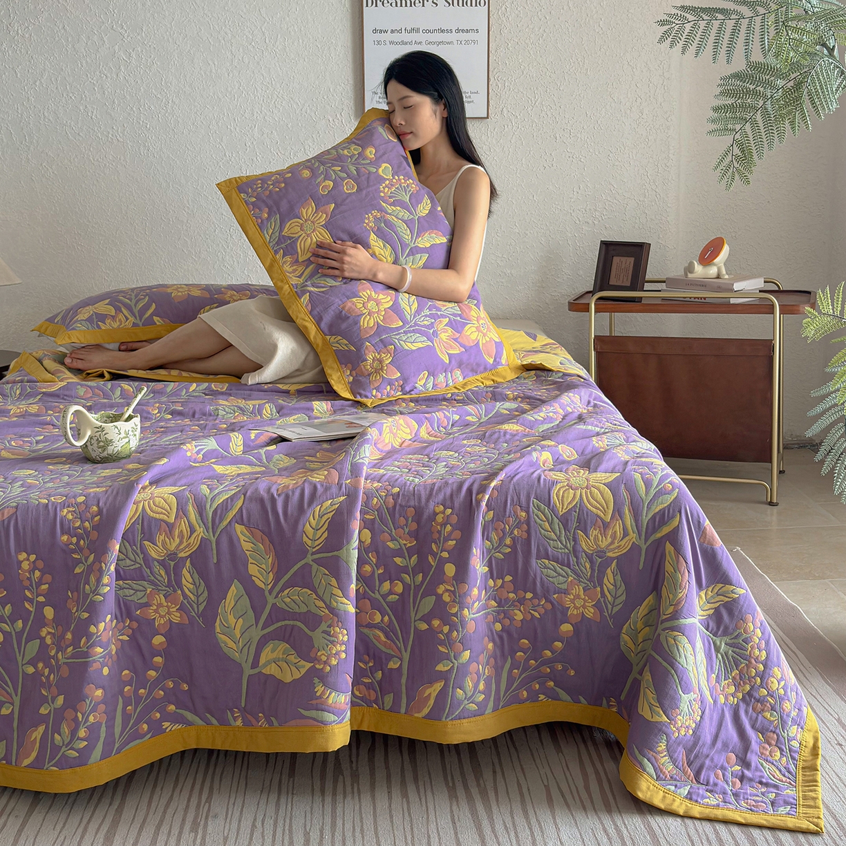 棠薇家纺 2026新款纱布盖毯长绒棉纱布毛巾被夏被单双人棉纱盖毯毛巾毯夏季夏凉被空调被毯子可铺可盖床盖 花间漫步