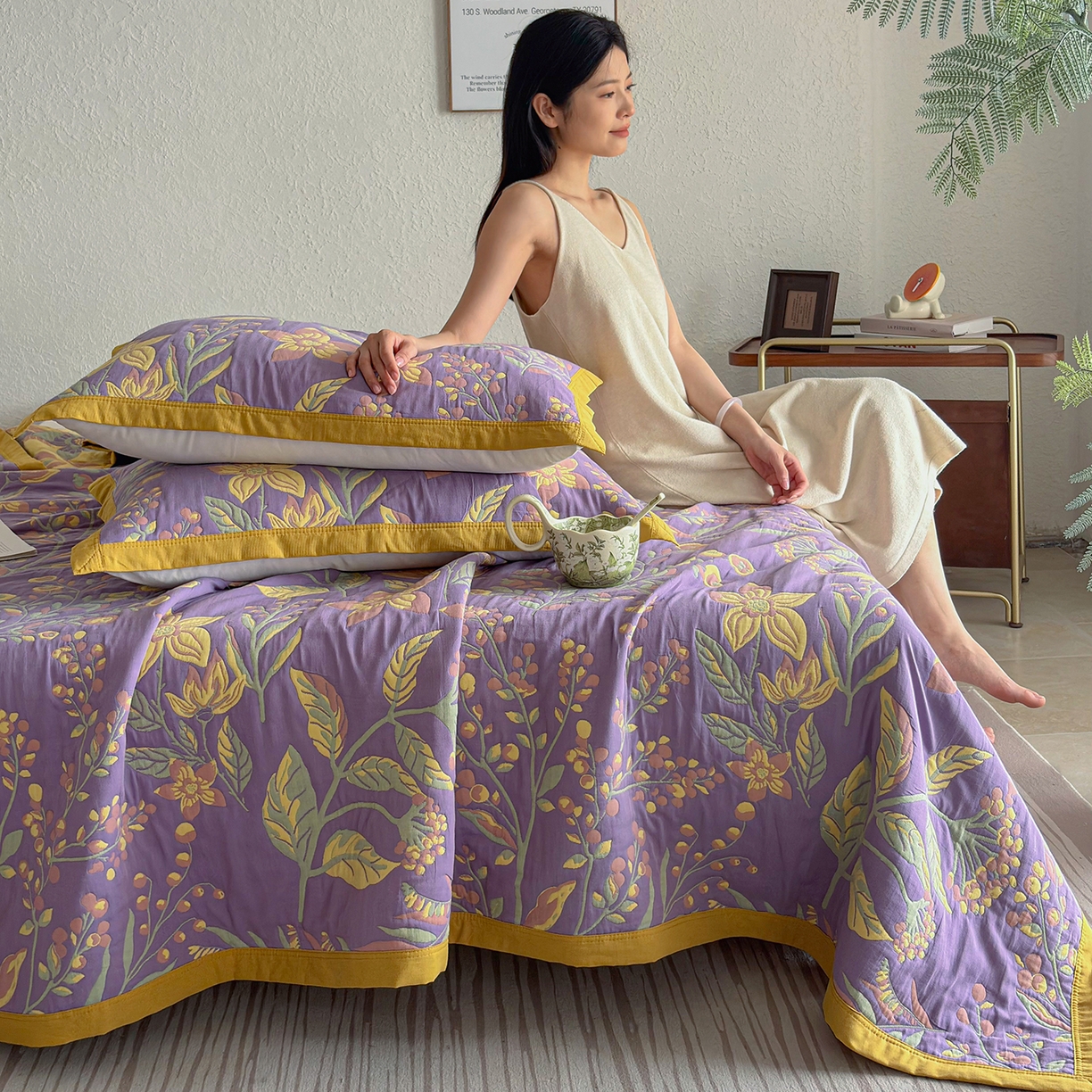 91家纺网 家纺一手货源 找家纺 棠薇家纺 2026新款纱布盖毯长绒棉纱布毛巾被夏被单双人棉纱盖毯毛巾毯夏季夏凉被空调被毯子可铺可盖床盖 花间漫步