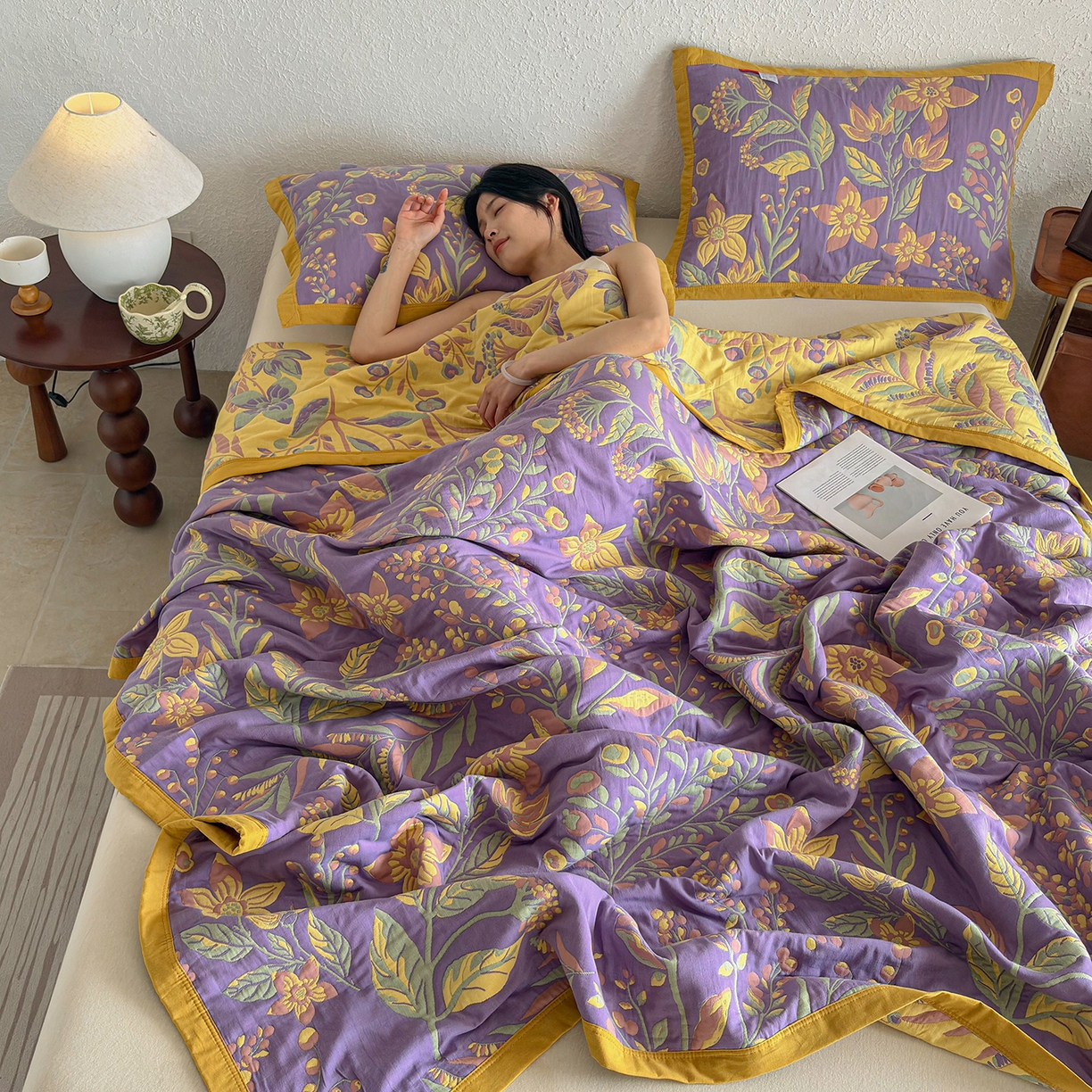 91家纺网 家纺一手货源 找家纺 棠薇家纺 2026新款纱布盖毯长绒棉纱布毛巾被夏被单双人棉纱盖毯毛巾毯夏季夏凉被空调被毯子可铺可盖床盖 花间漫步