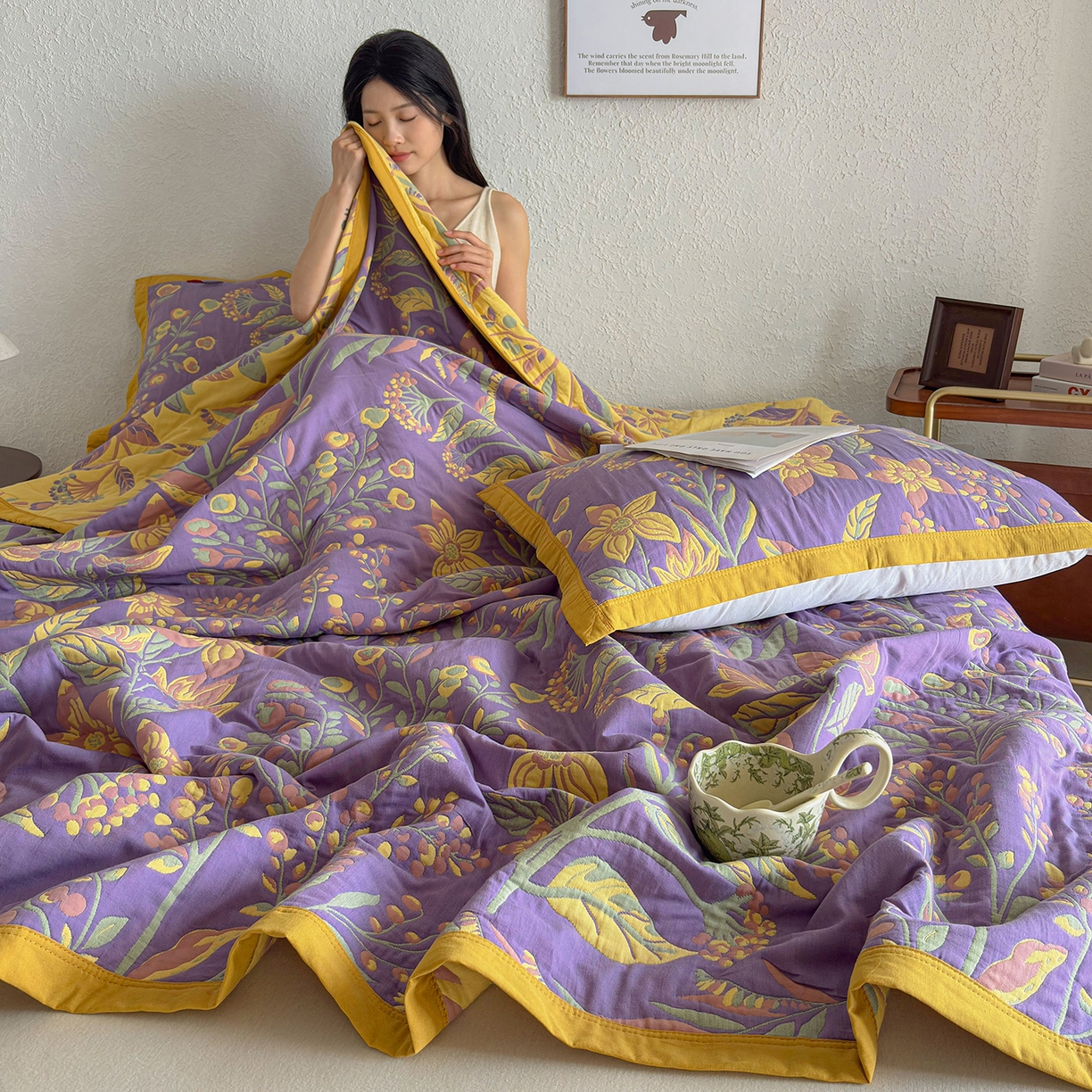 91家纺网 家纺一手货源 找家纺 棠薇家纺 2026新款纱布盖毯长绒棉纱布毛巾被夏被单双人棉纱盖毯毛巾毯夏季夏凉被空调被毯子可铺可盖床盖 花间漫步