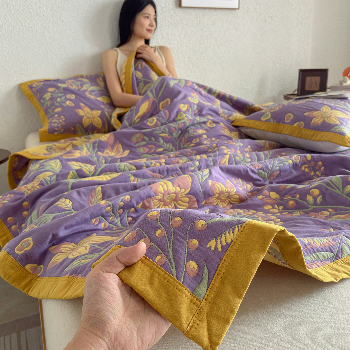 91家纺网 家纺一手货源 找家纺 棠薇家纺 2026新款纱布盖毯长绒棉纱布毛巾被夏被单双人棉纱盖毯毛巾毯夏季夏凉被空调被毯子可铺可盖床盖 花间漫步