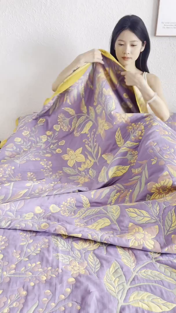 91家纺网 家纺一手货源 找家纺 棠薇家纺 2026新款纱布盖毯长绒棉纱布毛巾被夏被单双人棉纱盖毯毛巾毯夏季夏凉被空调被毯子可铺可盖床盖 花间漫步