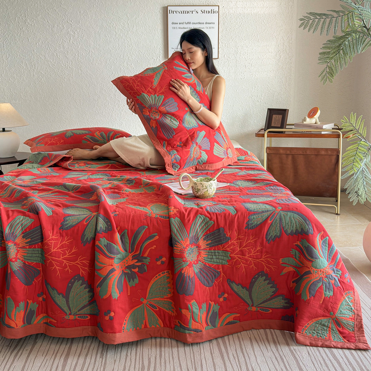 棠薇家纺 2026新款纱布盖毯长绒棉纱布毛巾被夏被单双人棉纱盖毯毛巾毯夏季夏凉被空调被毯子可铺可盖床盖 花样蝶舞红