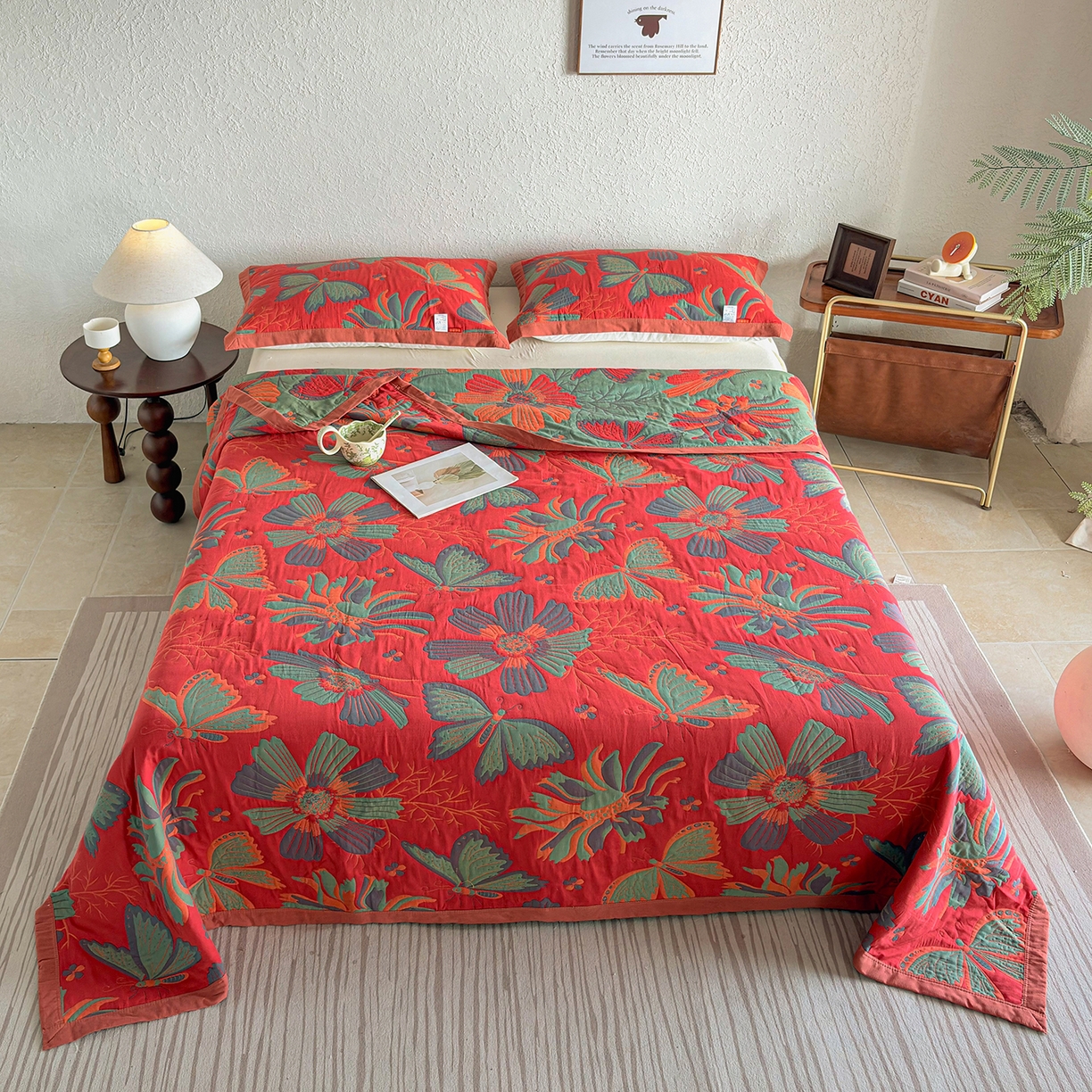 91家纺网 家纺一手货源 找家纺 棠薇家纺 2026新款纱布盖毯长绒棉纱布毛巾被夏被单双人棉纱盖毯毛巾毯夏季夏凉被空调被毯子可铺可盖床盖 花样蝶舞红