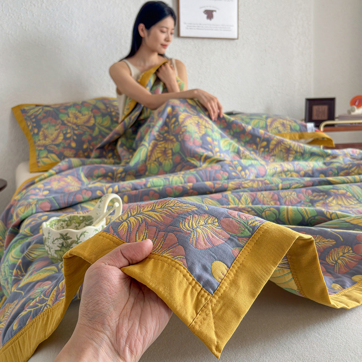 91家纺网 家纺一手货源 找家纺 棠薇家纺 2026新款纱布盖毯长绒棉纱布毛巾被夏被单双人棉纱盖毯毛巾毯夏季夏凉被空调被毯子可铺可盖床盖 热带花园