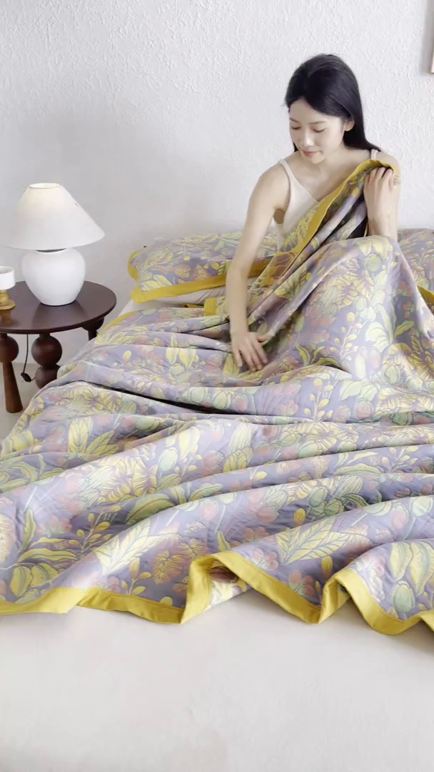 91家纺网 家纺一手货源 找家纺 棠薇家纺 2026新款纱布盖毯长绒棉纱布毛巾被夏被单双人棉纱盖毯毛巾毯夏季夏凉被空调被毯子可铺可盖床盖 热带花园