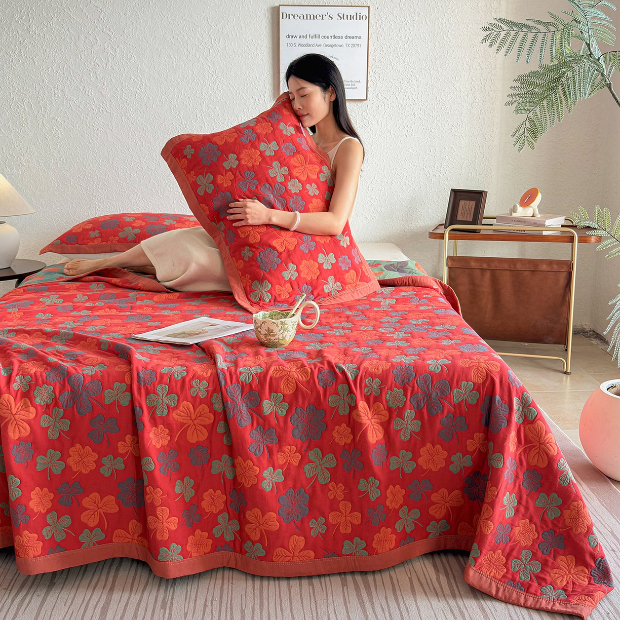 棠薇家纺 2026新款纱布盖毯长绒棉纱布毛巾被夏被单双人棉纱盖毯毛巾毯夏季夏凉被空调被毯子可铺可盖床盖 忘忧草