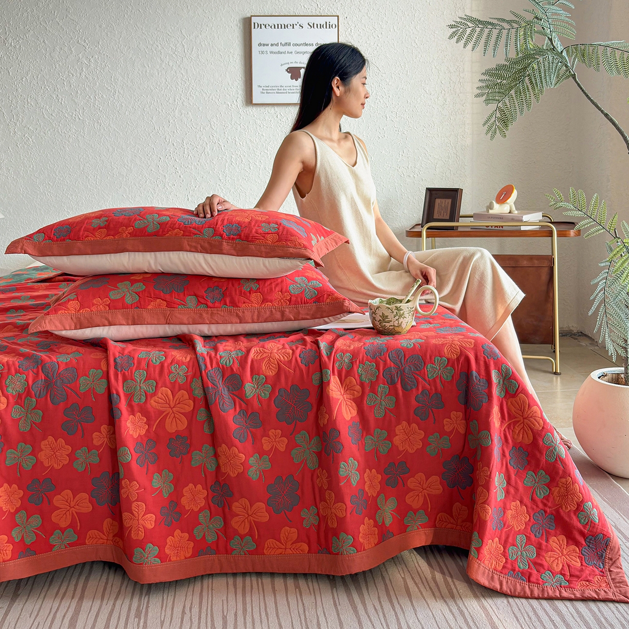 91家纺网 家纺一手货源 找家纺 棠薇家纺 2026新款纱布盖毯长绒棉纱布毛巾被夏被单双人棉纱盖毯毛巾毯夏季夏凉被空调被毯子可铺可盖床盖 忘忧草