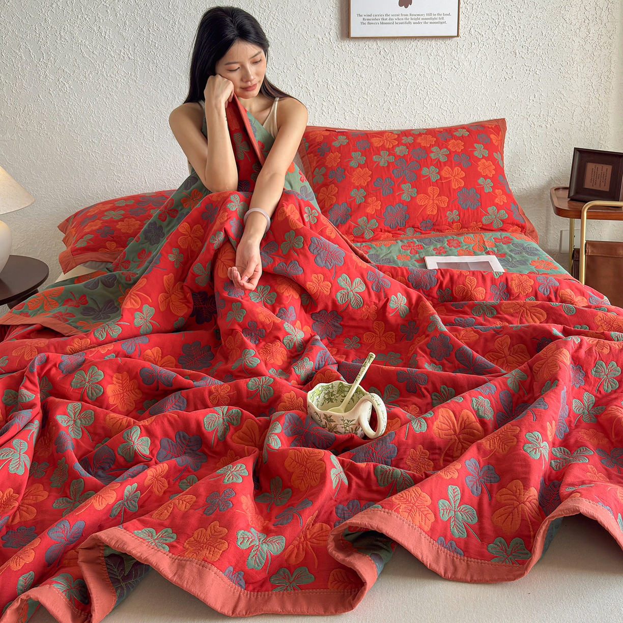 91家纺网 家纺一手货源 找家纺 棠薇家纺 2026新款纱布盖毯长绒棉纱布毛巾被夏被单双人棉纱盖毯毛巾毯夏季夏凉被空调被毯子可铺可盖床盖 忘忧草