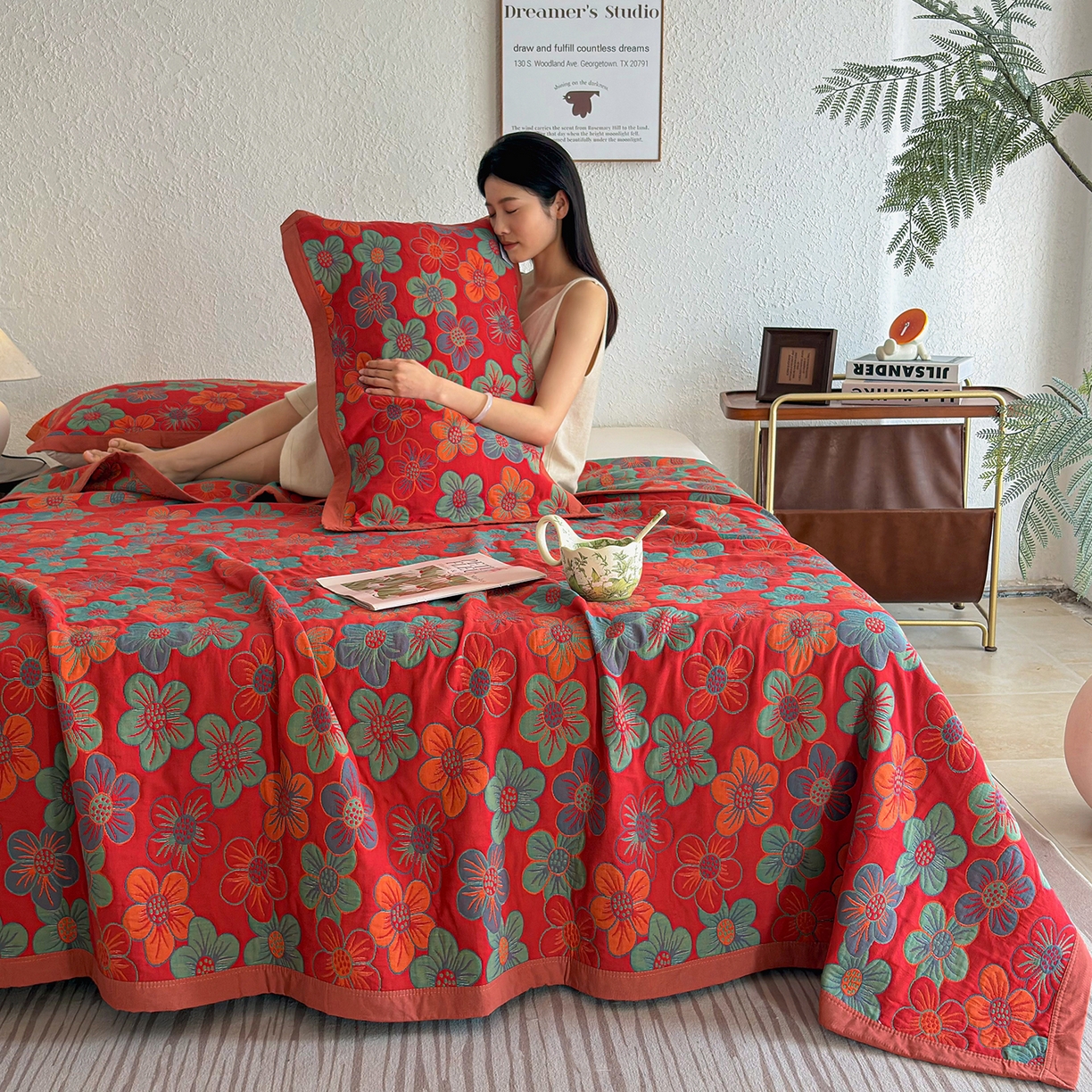 棠薇家纺 2026新款纱布盖毯长绒棉纱布毛巾被夏被单双人棉纱盖毯毛巾毯夏季夏凉被空调被毯子可铺可盖床盖 花海