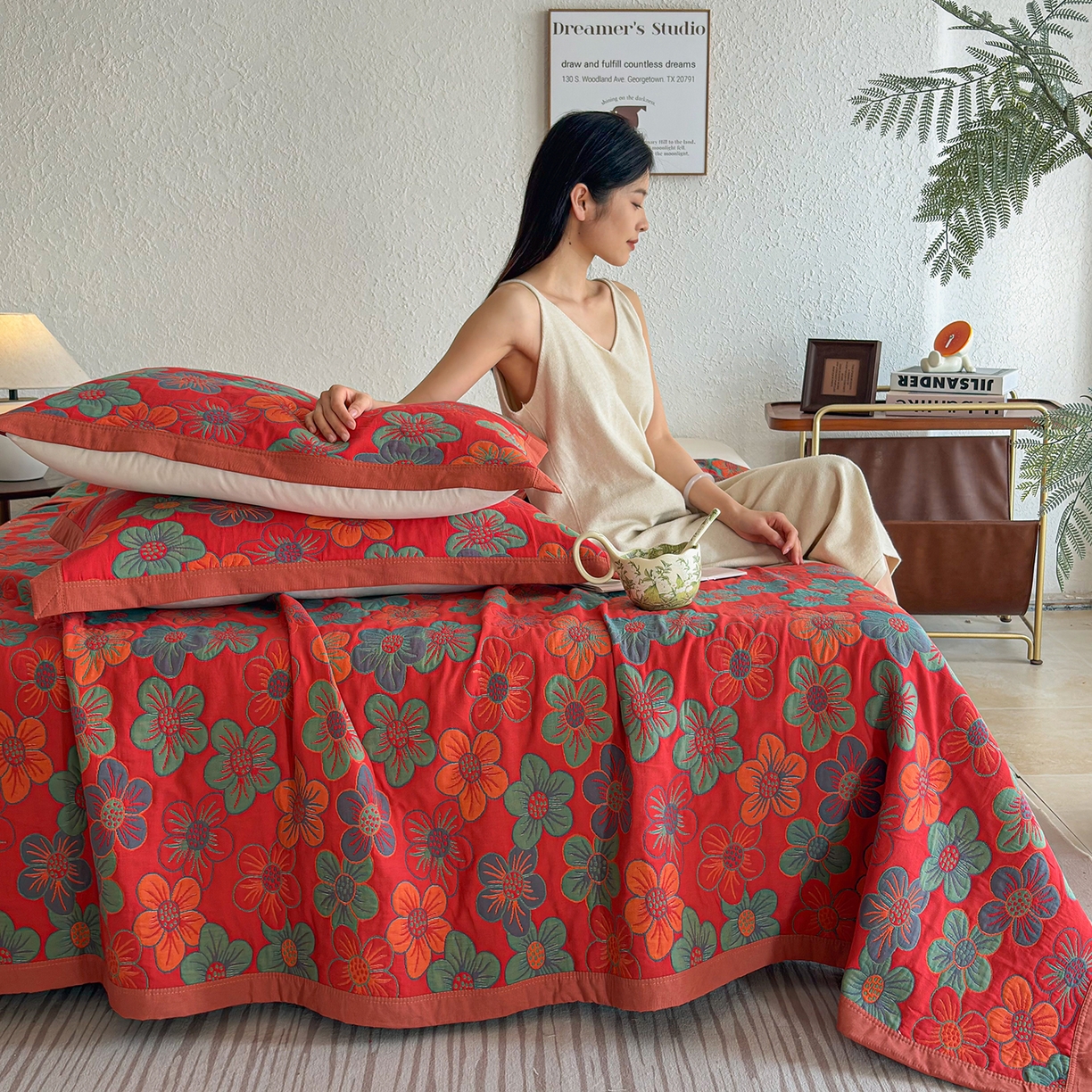 91家纺网 家纺一手货源 找家纺 棠薇家纺 2026新款纱布盖毯长绒棉纱布毛巾被夏被单双人棉纱盖毯毛巾毯夏季夏凉被空调被毯子可铺可盖床盖 花海