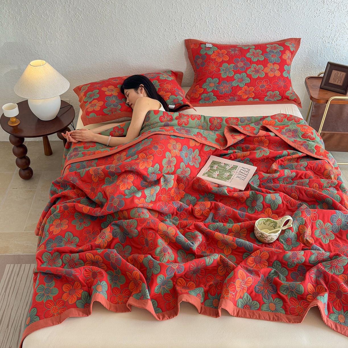 91家纺网 家纺一手货源 找家纺 棠薇家纺 2026新款纱布盖毯长绒棉纱布毛巾被夏被单双人棉纱盖毯毛巾毯夏季夏凉被空调被毯子可铺可盖床盖 花海