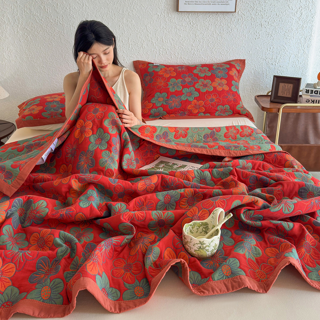 91家纺网 家纺一手货源 找家纺 棠薇家纺 2026新款纱布盖毯长绒棉纱布毛巾被夏被单双人棉纱盖毯毛巾毯夏季夏凉被空调被毯子可铺可盖床盖 花海