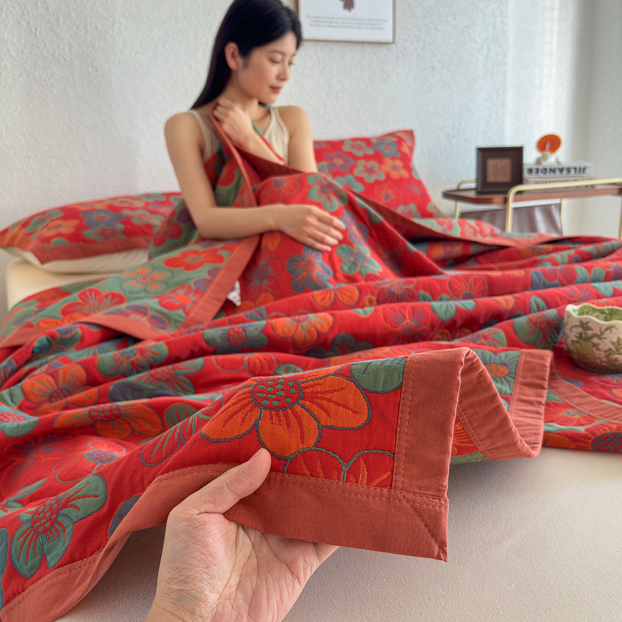 91家纺网 家纺一手货源 找家纺 棠薇家纺 2026新款纱布盖毯长绒棉纱布毛巾被夏被单双人棉纱盖毯毛巾毯夏季夏凉被空调被毯子可铺可盖床盖 花海