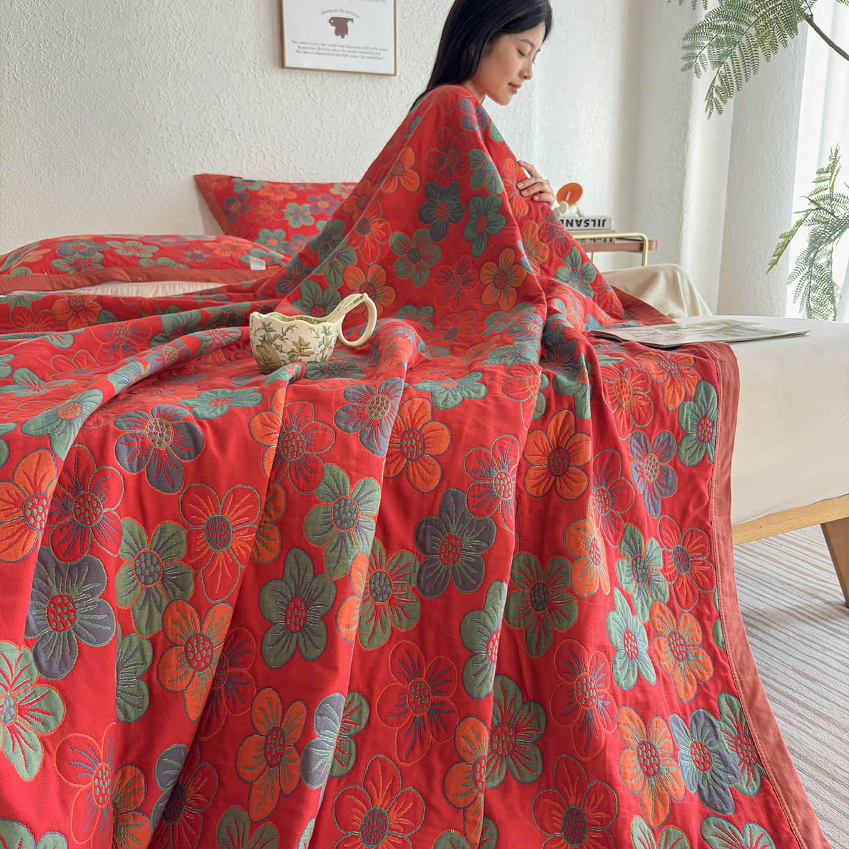 91家纺网 家纺一手货源 找家纺 棠薇家纺 2026新款纱布盖毯长绒棉纱布毛巾被夏被单双人棉纱盖毯毛巾毯夏季夏凉被空调被毯子可铺可盖床盖 花海