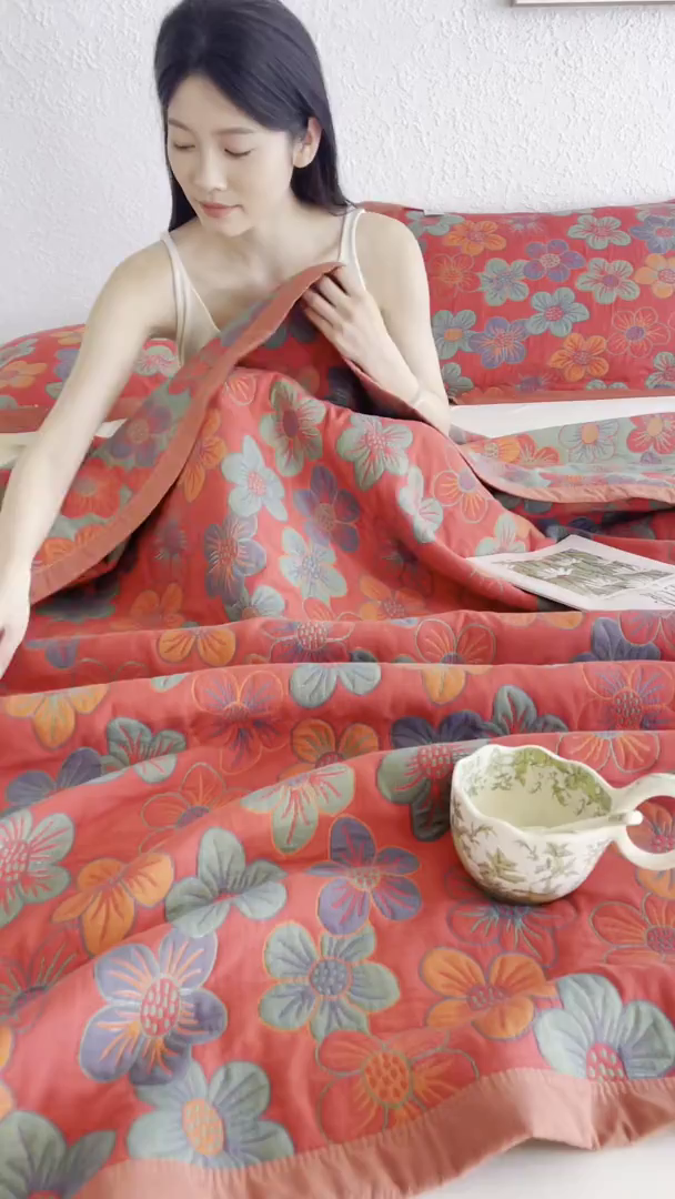 91家纺网 家纺一手货源 找家纺 棠薇家纺 2026新款纱布盖毯长绒棉纱布毛巾被夏被单双人棉纱盖毯毛巾毯夏季夏凉被空调被毯子可铺可盖床盖 花海