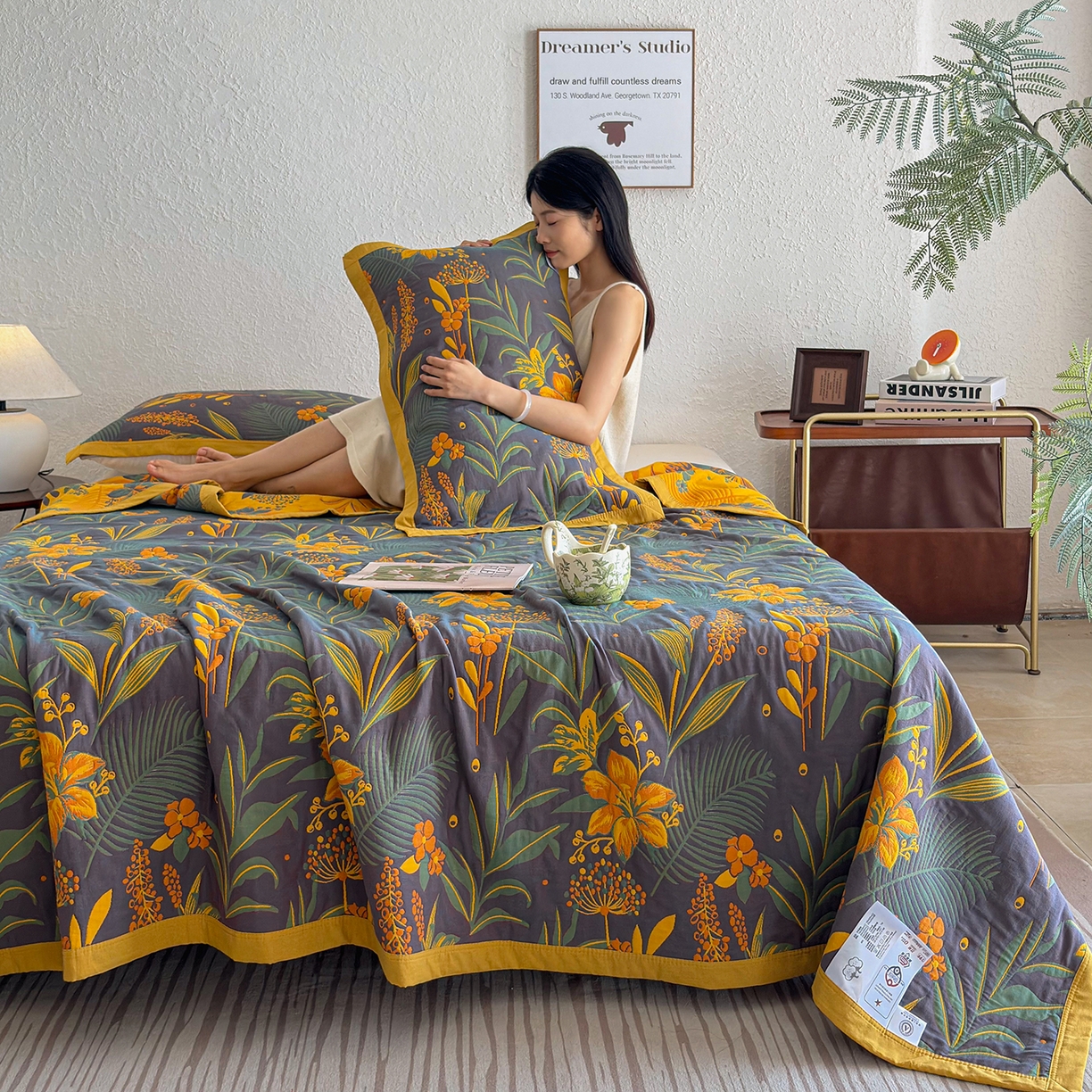 棠薇家纺 2026新款纱布盖毯长绒棉纱布毛巾被夏被单双人棉纱盖毯毛巾毯夏季夏凉被空调被毯子可铺可盖床盖 花林秘境