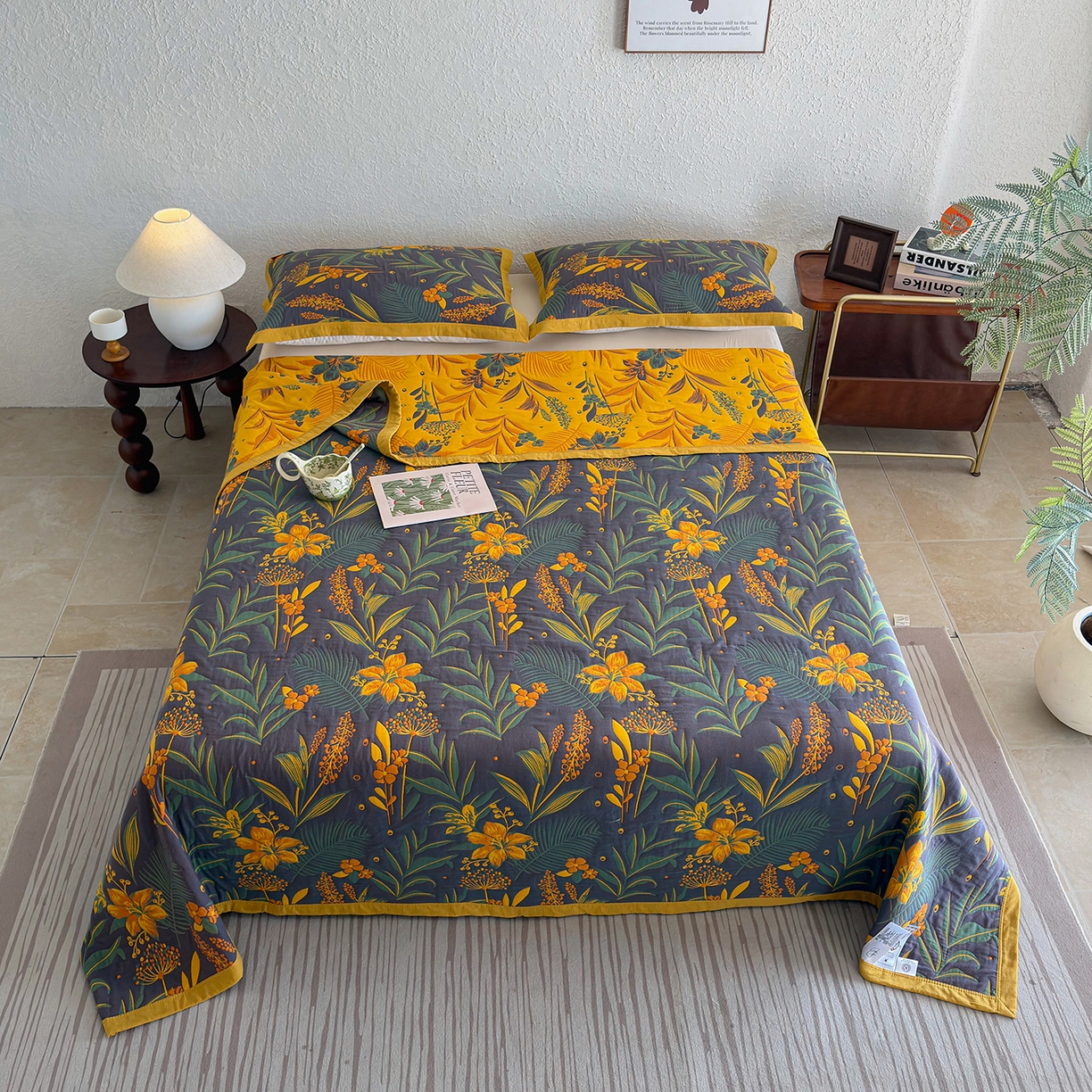 91家纺网 家纺一手货源 找家纺 棠薇家纺 2026新款纱布盖毯长绒棉纱布毛巾被夏被单双人棉纱盖毯毛巾毯夏季夏凉被空调被毯子可铺可盖床盖 花林秘境