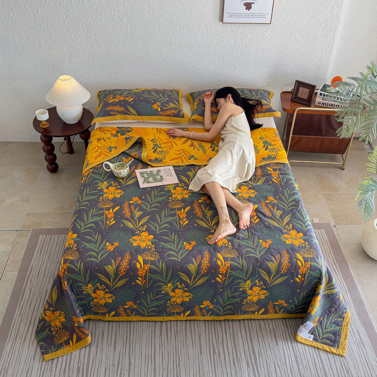 91家纺网 家纺一手货源 找家纺 棠薇家纺 2026新款纱布盖毯长绒棉纱布毛巾被夏被单双人棉纱盖毯毛巾毯夏季夏凉被空调被毯子可铺可盖床盖 花林秘境