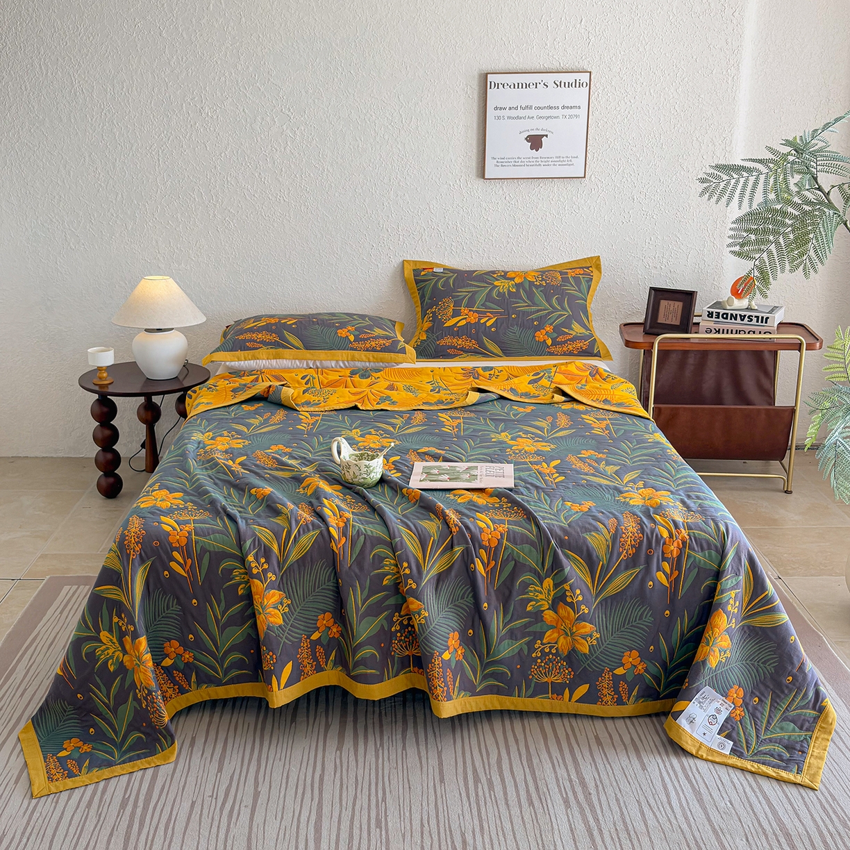 91家纺网 家纺一手货源 找家纺 棠薇家纺 2026新款纱布盖毯长绒棉纱布毛巾被夏被单双人棉纱盖毯毛巾毯夏季夏凉被空调被毯子可铺可盖床盖 花林秘境