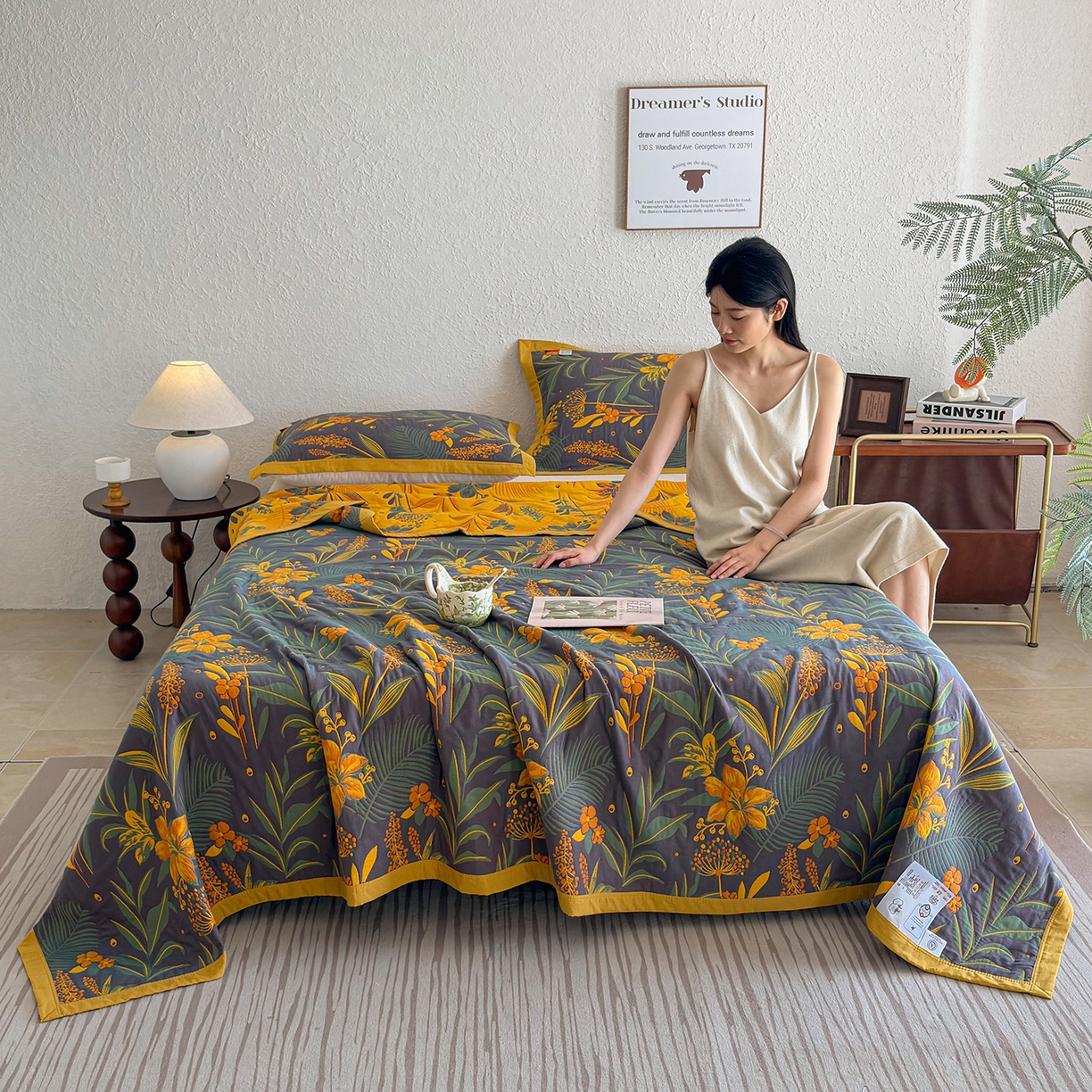 91家纺网 家纺一手货源 找家纺 棠薇家纺 2026新款纱布盖毯长绒棉纱布毛巾被夏被单双人棉纱盖毯毛巾毯夏季夏凉被空调被毯子可铺可盖床盖 花林秘境