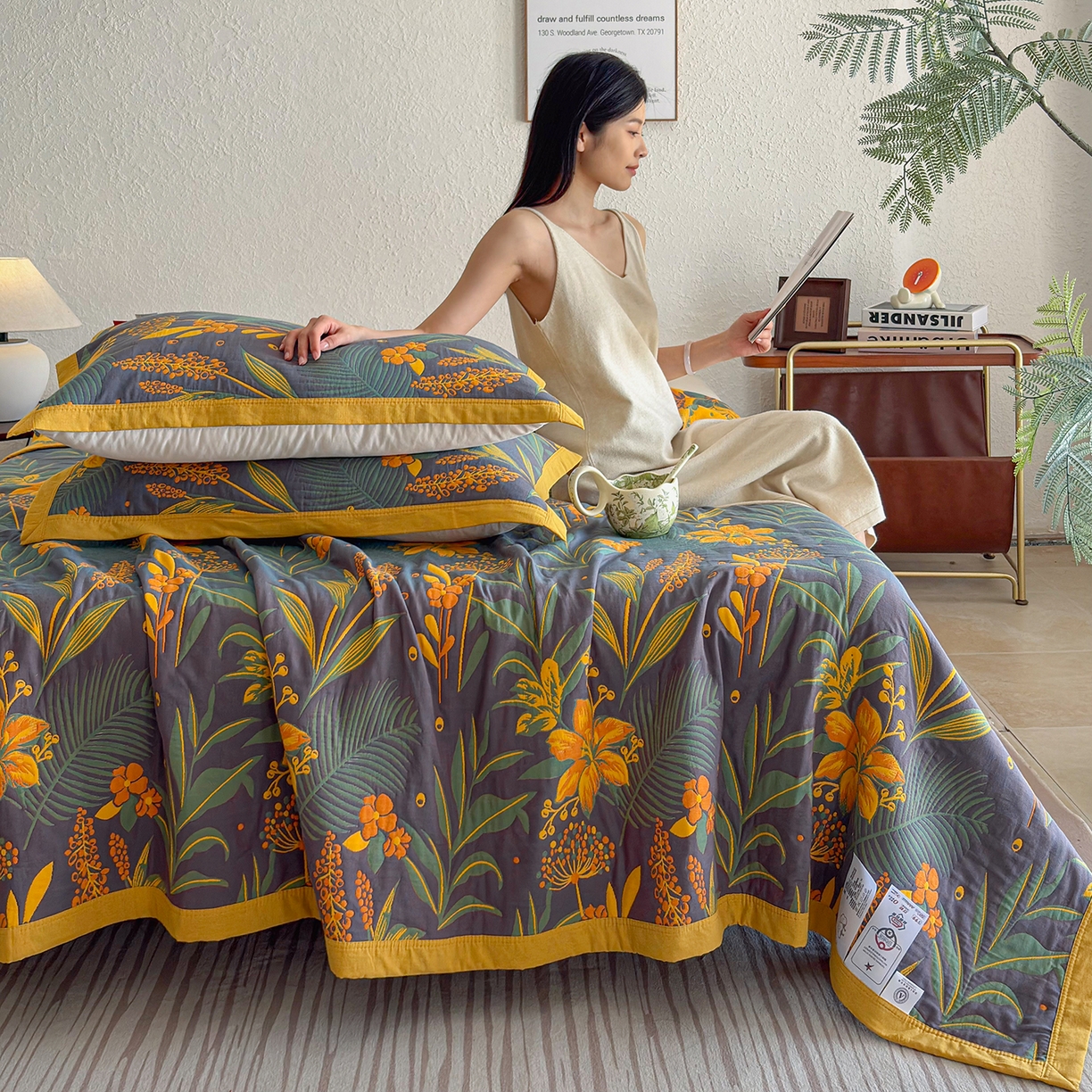 91家纺网 家纺一手货源 找家纺 棠薇家纺 2026新款纱布盖毯长绒棉纱布毛巾被夏被单双人棉纱盖毯毛巾毯夏季夏凉被空调被毯子可铺可盖床盖 花林秘境