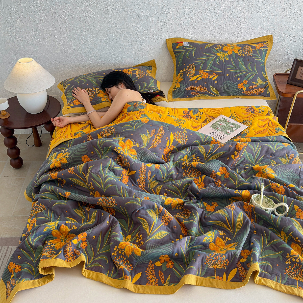 91家纺网 家纺一手货源 找家纺 棠薇家纺 2026新款纱布盖毯长绒棉纱布毛巾被夏被单双人棉纱盖毯毛巾毯夏季夏凉被空调被毯子可铺可盖床盖 花林秘境