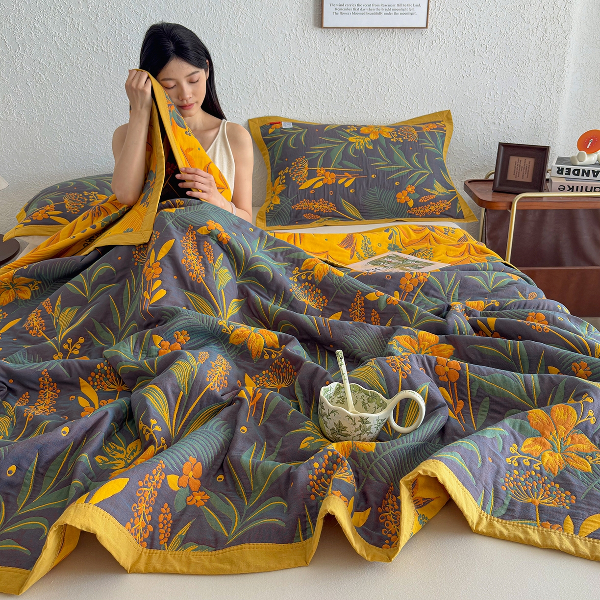 91家纺网 家纺一手货源 找家纺 棠薇家纺 2026新款纱布盖毯长绒棉纱布毛巾被夏被单双人棉纱盖毯毛巾毯夏季夏凉被空调被毯子可铺可盖床盖 花林秘境