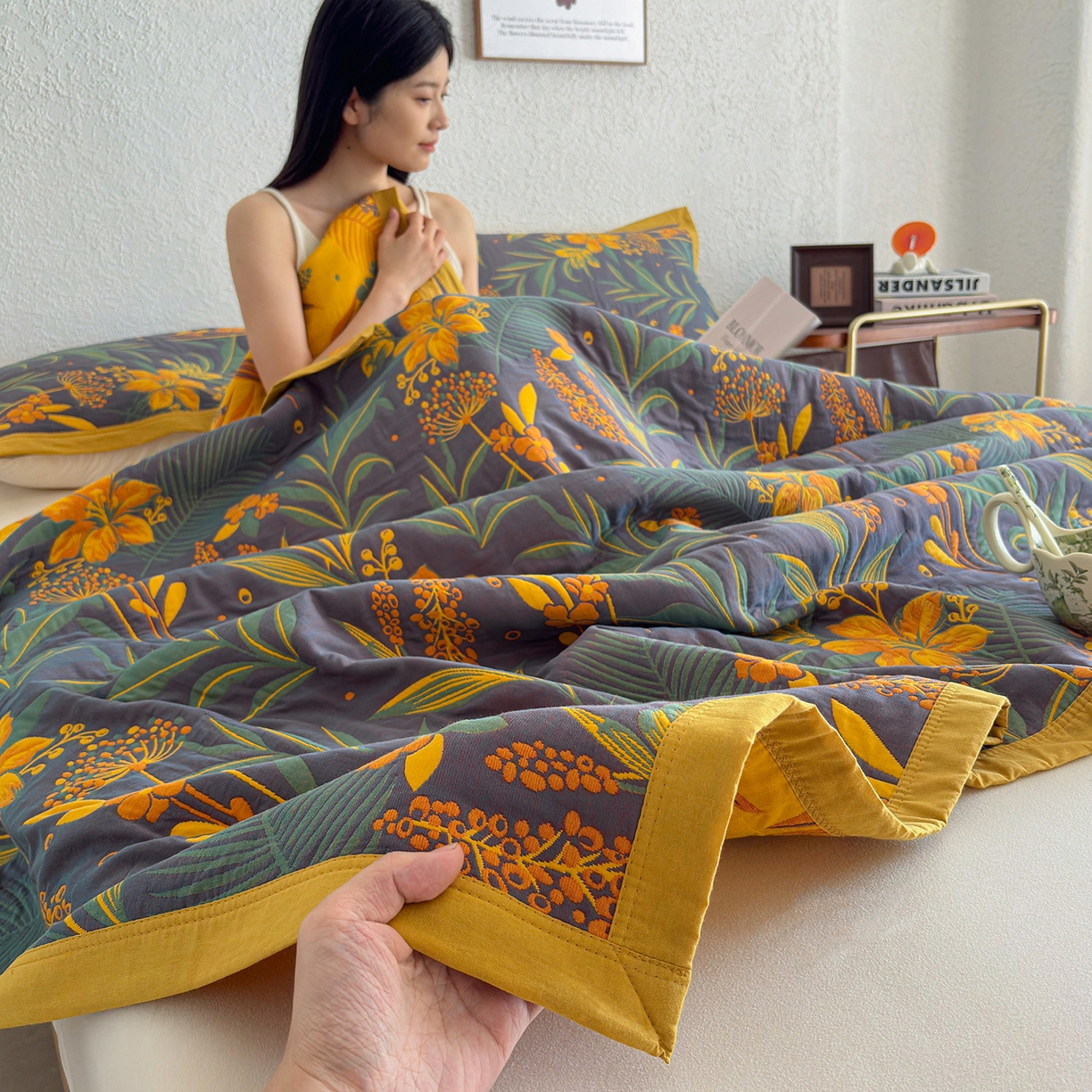 91家纺网 家纺一手货源 找家纺 棠薇家纺 2026新款纱布盖毯长绒棉纱布毛巾被夏被单双人棉纱盖毯毛巾毯夏季夏凉被空调被毯子可铺可盖床盖 花林秘境