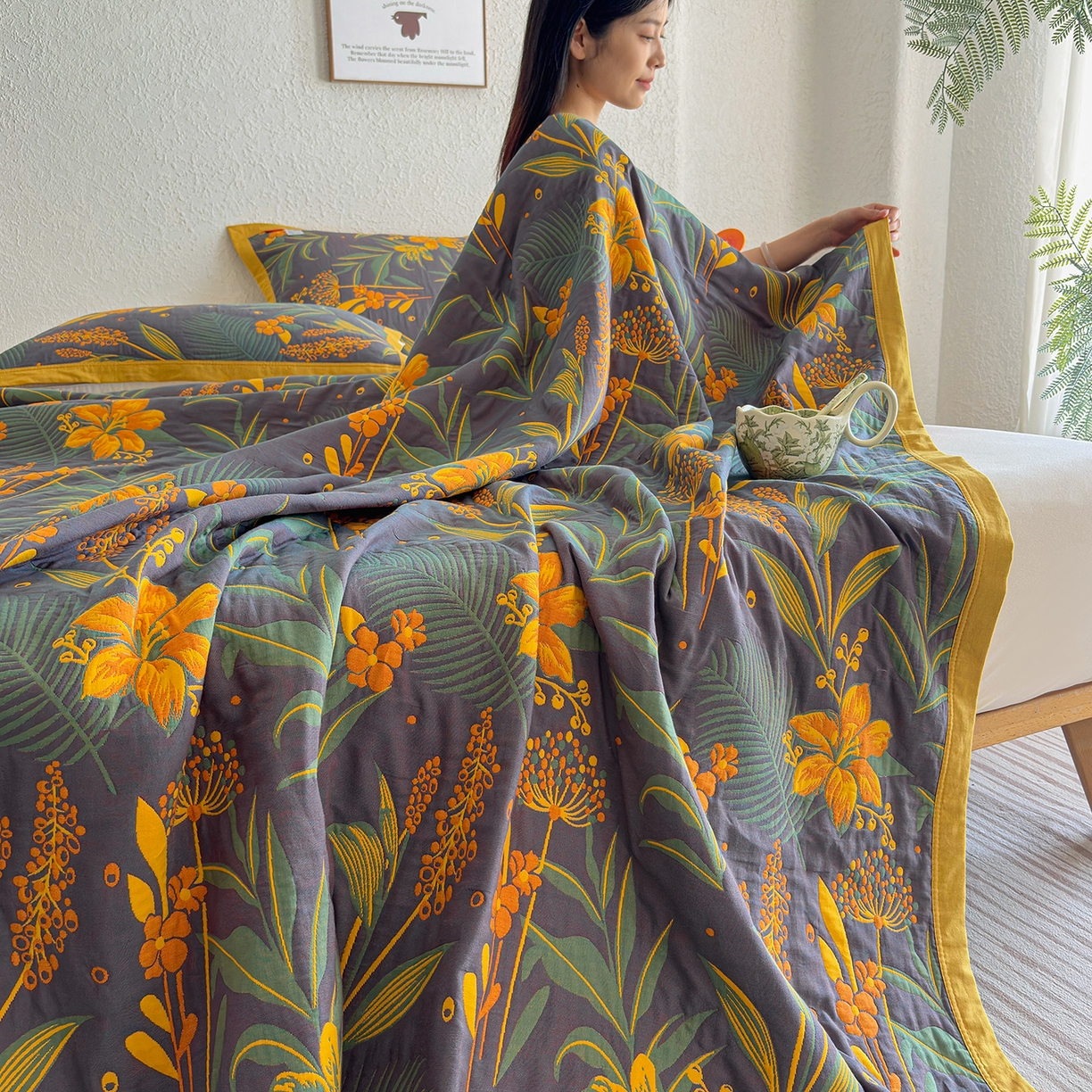 91家纺网 家纺一手货源 找家纺 棠薇家纺 2026新款纱布盖毯长绒棉纱布毛巾被夏被单双人棉纱盖毯毛巾毯夏季夏凉被空调被毯子可铺可盖床盖 花林秘境