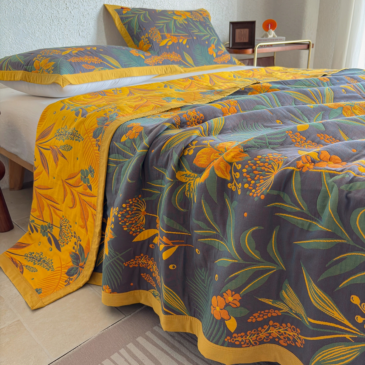 91家纺网 家纺一手货源 找家纺 棠薇家纺 2026新款纱布盖毯长绒棉纱布毛巾被夏被单双人棉纱盖毯毛巾毯夏季夏凉被空调被毯子可铺可盖床盖 花林秘境