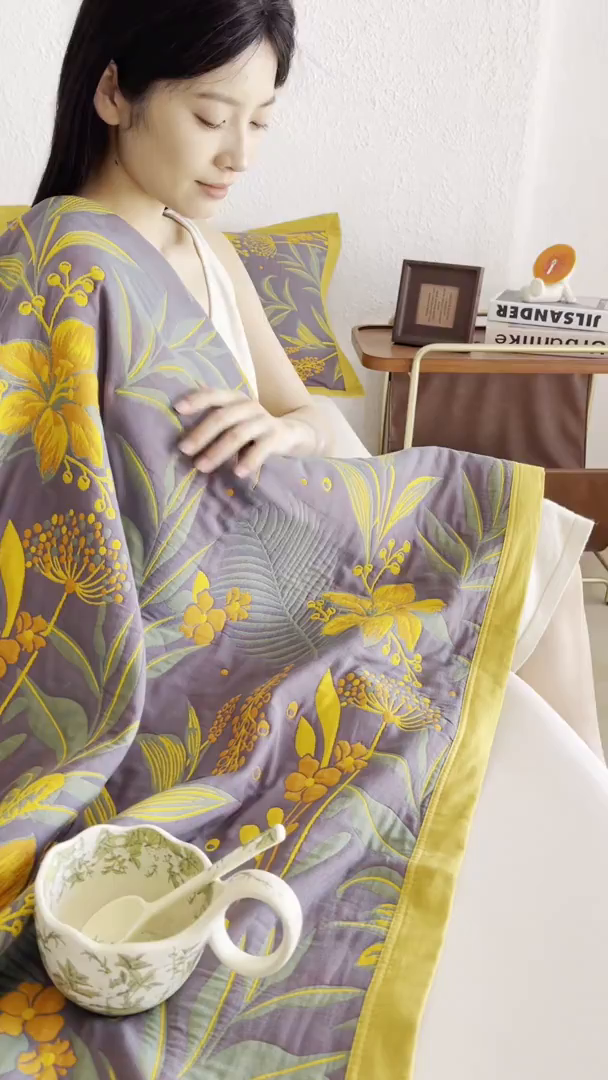 91家纺网 家纺一手货源 找家纺 棠薇家纺 2026新款纱布盖毯长绒棉纱布毛巾被夏被单双人棉纱盖毯毛巾毯夏季夏凉被空调被毯子可铺可盖床盖 花林秘境