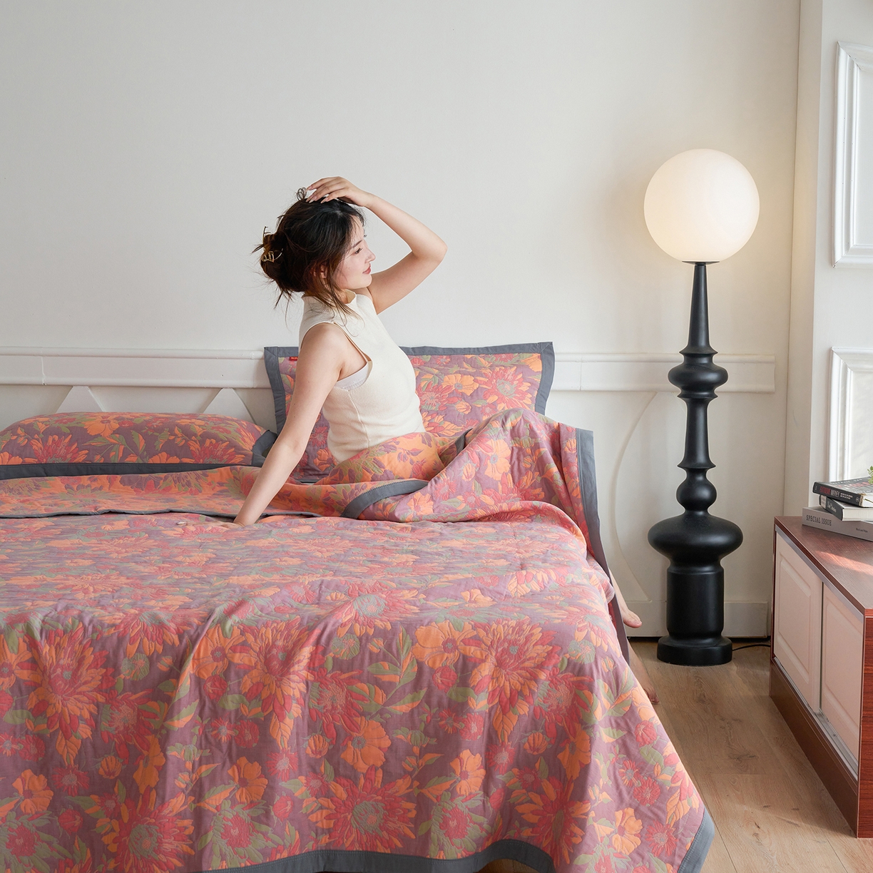 棠薇家纺 2026新款纱布盖毯长绒棉纱布毛巾被夏被单双人棉纱盖毯毛巾毯夏季夏凉被空调被毯子可铺可盖床盖 花团锦簇