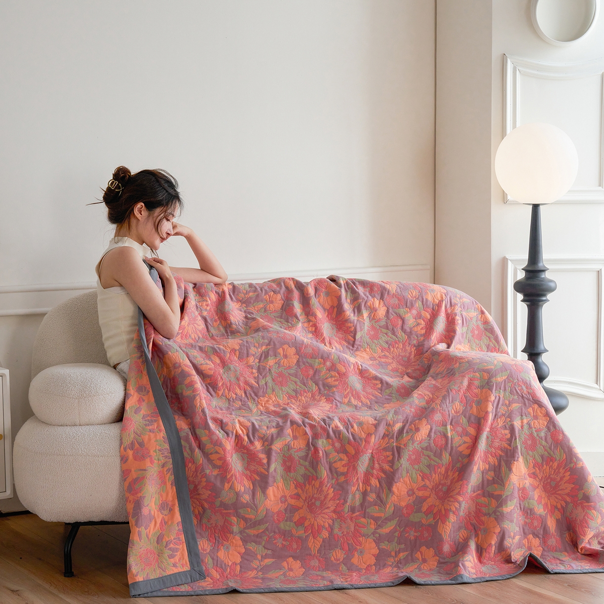 91家纺网 家纺一手货源 找家纺 棠薇家纺 2026新款纱布盖毯长绒棉纱布毛巾被夏被单双人棉纱盖毯毛巾毯夏季夏凉被空调被毯子可铺可盖床盖 花团锦簇