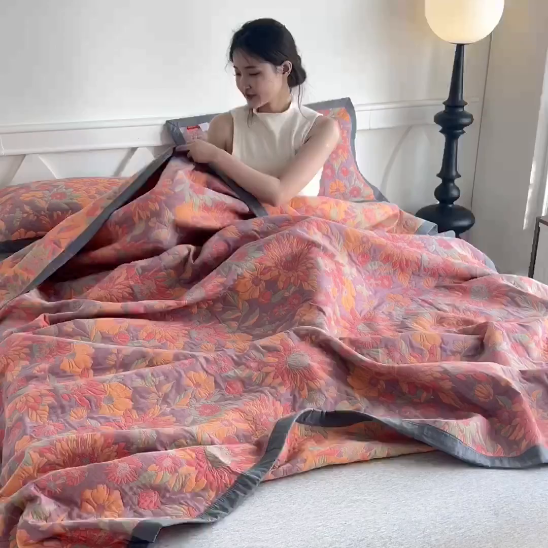 91家纺网 家纺一手货源 找家纺 棠薇家纺 2026新款纱布盖毯长绒棉纱布毛巾被夏被单双人棉纱盖毯毛巾毯夏季夏凉被空调被毯子可铺可盖床盖 花团锦簇