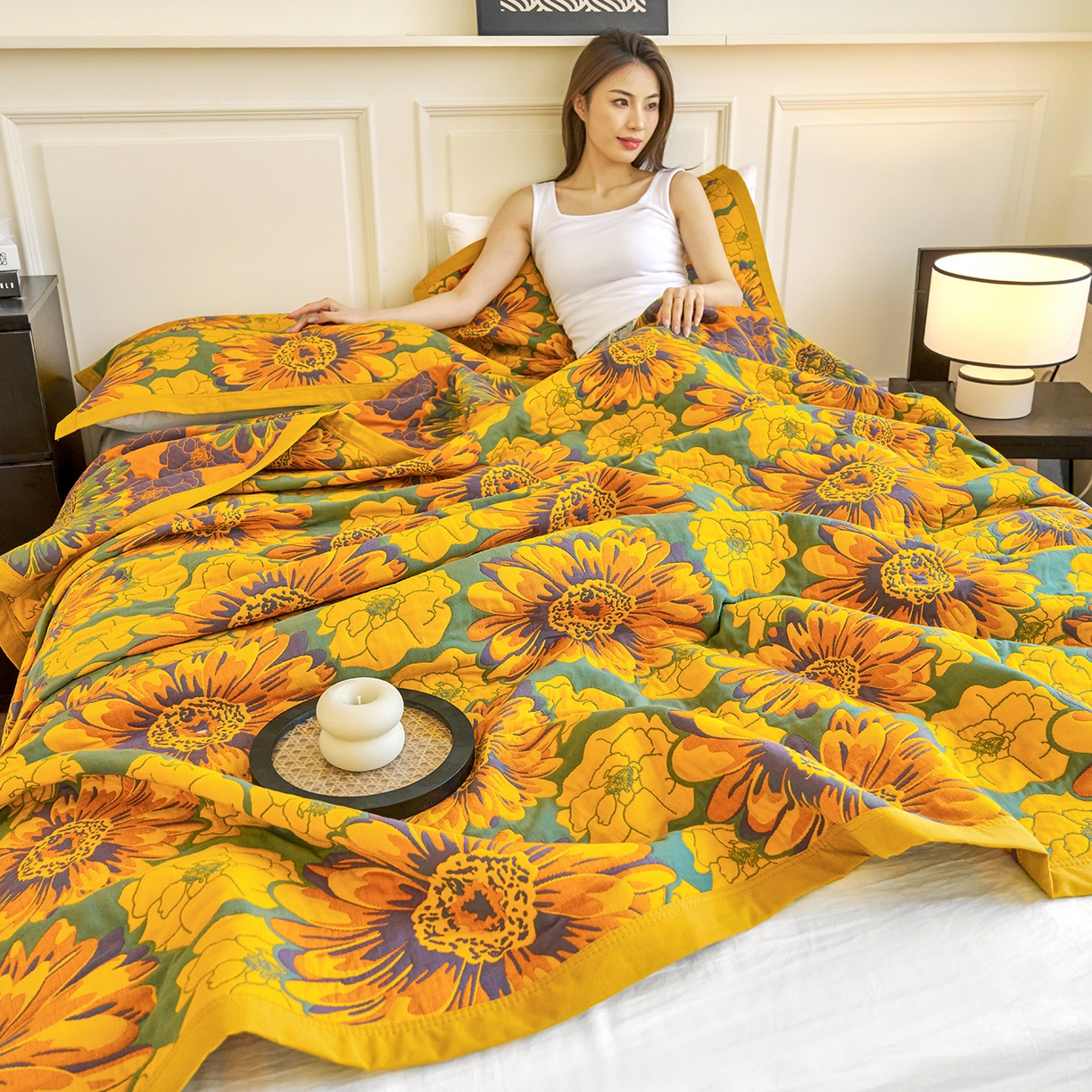 91家纺网 家纺一手货源 找家纺 棠薇家纺 2026新款纱布盖毯长绒棉纱布毛巾被夏被单双人棉纱盖毯毛巾毯夏季夏凉被空调被毯子可铺可盖床盖 可可花园