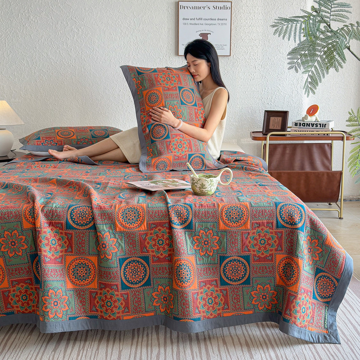 棠薇家纺 2026新款纱布盖毯长绒棉纱布毛巾被夏被单双人棉纱盖毯毛巾毯夏季夏凉被空调被毯子可铺可盖床盖 琉璃时光