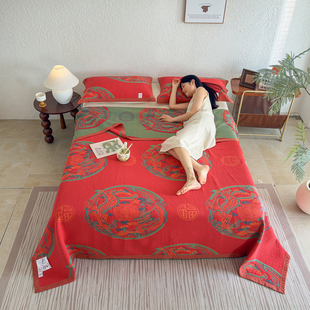 91家纺网 家纺一手货源 找家纺 棠薇家纺 2026新款纱布盖毯长绒棉纱布毛巾被夏被单双人棉纱盖毯毛巾毯夏季夏凉被空调被毯子可铺可盖床盖 龙凤呈祥