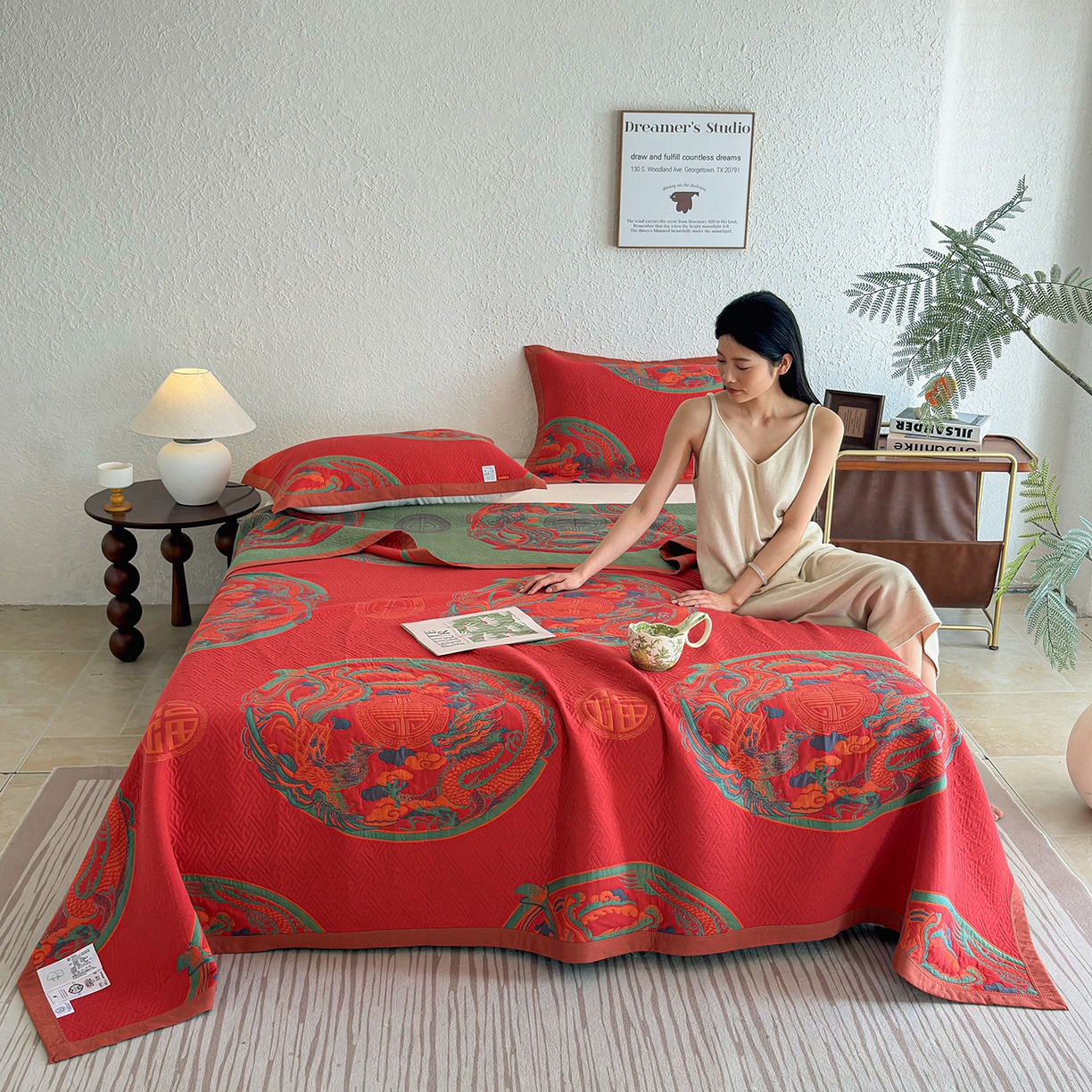 91家纺网 家纺一手货源 找家纺 棠薇家纺 2026新款纱布盖毯长绒棉纱布毛巾被夏被单双人棉纱盖毯毛巾毯夏季夏凉被空调被毯子可铺可盖床盖 龙凤呈祥