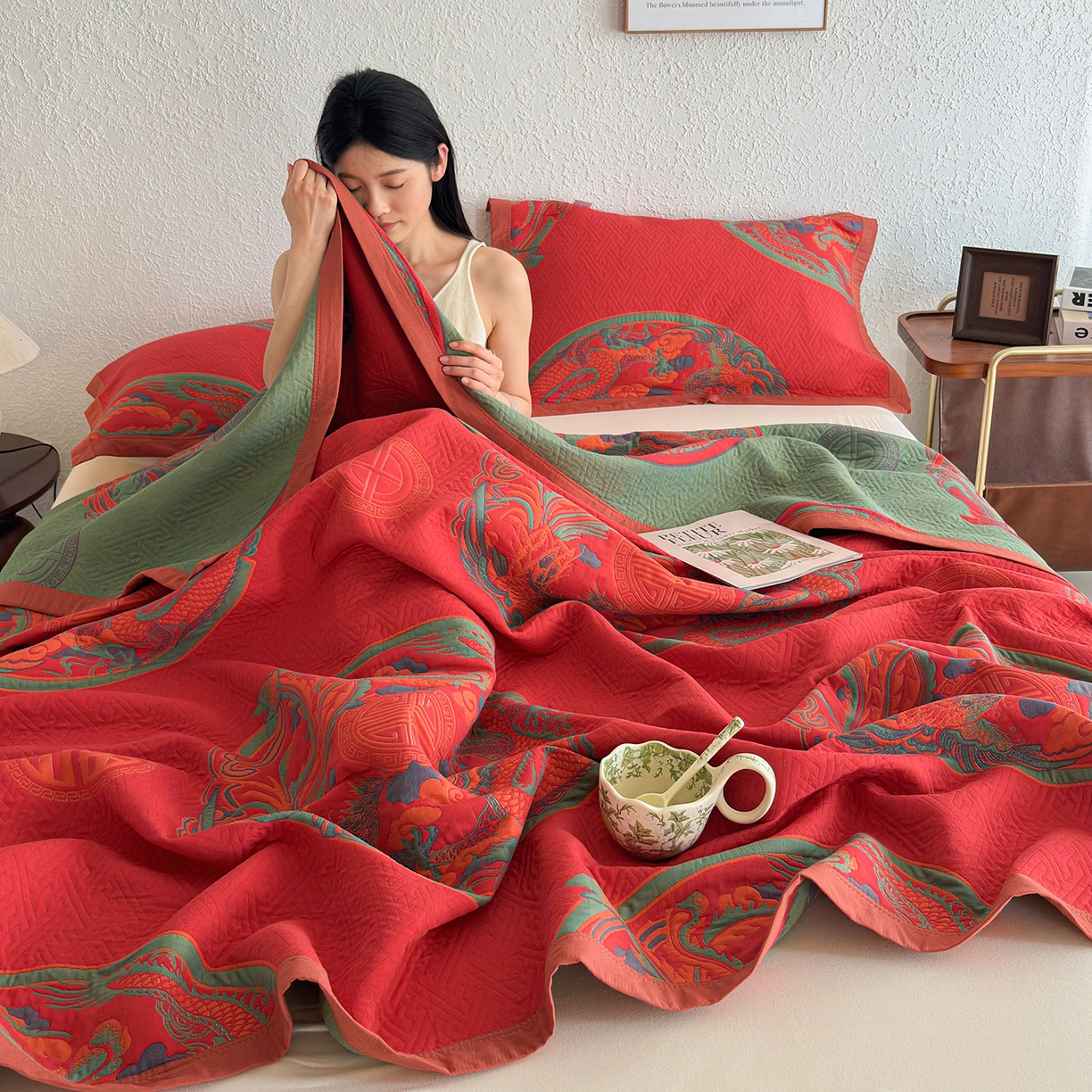 91家纺网 家纺一手货源 找家纺 棠薇家纺 2026新款纱布盖毯长绒棉纱布毛巾被夏被单双人棉纱盖毯毛巾毯夏季夏凉被空调被毯子可铺可盖床盖 龙凤呈祥