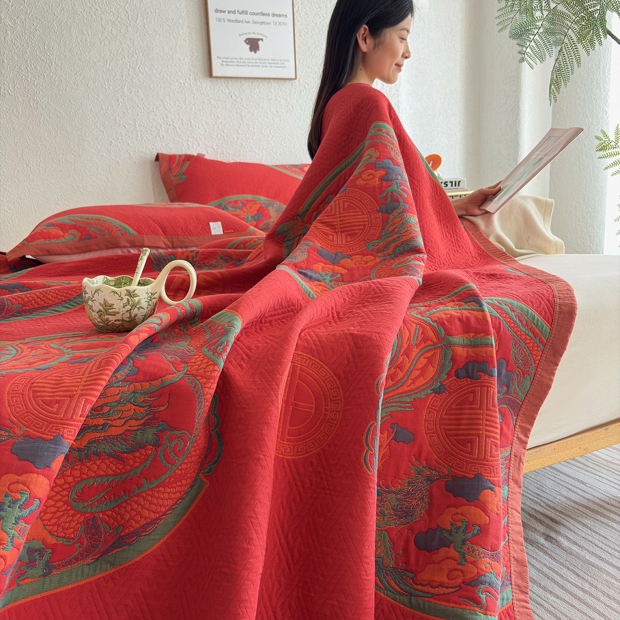 91家纺网 家纺一手货源 找家纺 棠薇家纺 2026新款纱布盖毯长绒棉纱布毛巾被夏被单双人棉纱盖毯毛巾毯夏季夏凉被空调被毯子可铺可盖床盖 龙凤呈祥