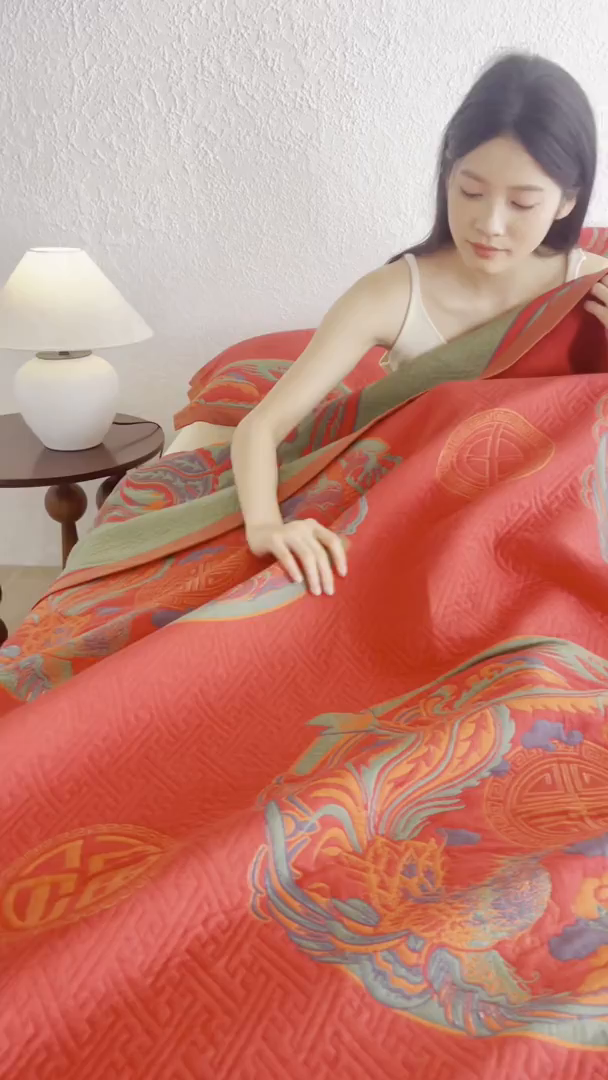 91家纺网 家纺一手货源 找家纺 棠薇家纺 2026新款纱布盖毯长绒棉纱布毛巾被夏被单双人棉纱盖毯毛巾毯夏季夏凉被空调被毯子可铺可盖床盖 龙凤呈祥