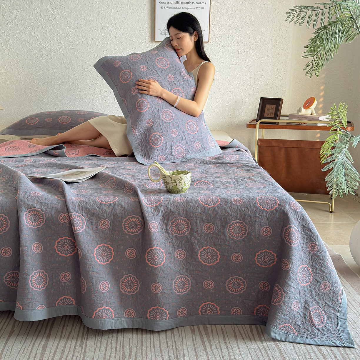 棠薇家纺 2026新款纱布盖毯长绒棉纱布毛巾被夏被单双人棉纱盖毯毛巾毯夏季夏凉被空调被毯子可铺可盖床盖 罗曼蒂克