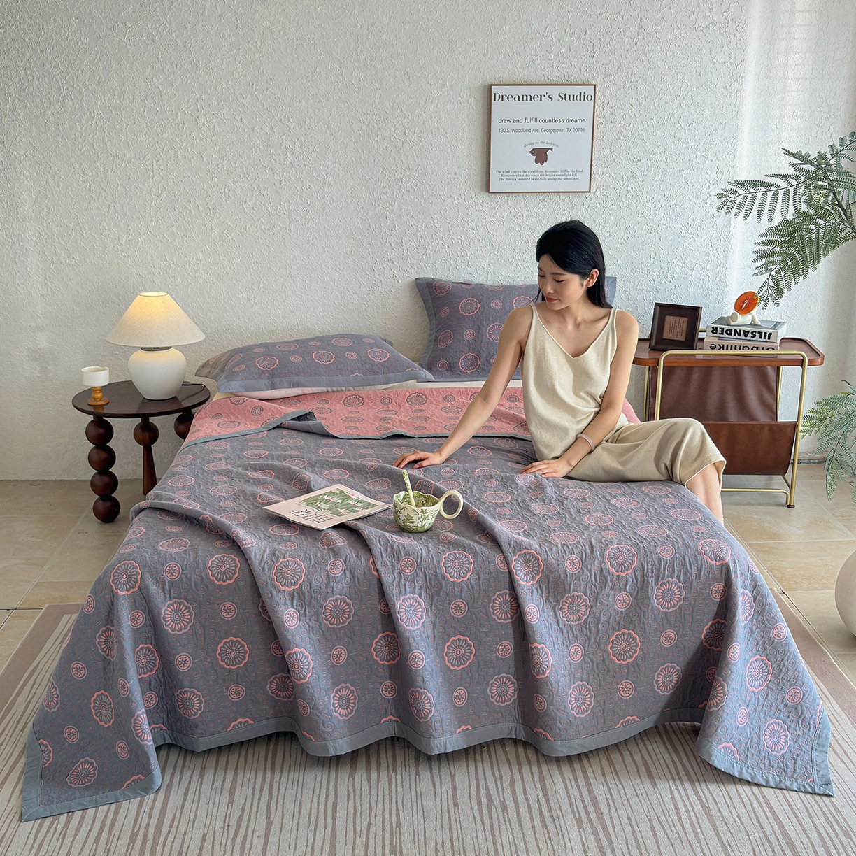 91家纺网 家纺一手货源 找家纺 棠薇家纺 2026新款纱布盖毯长绒棉纱布毛巾被夏被单双人棉纱盖毯毛巾毯夏季夏凉被空调被毯子可铺可盖床盖 罗曼蒂克