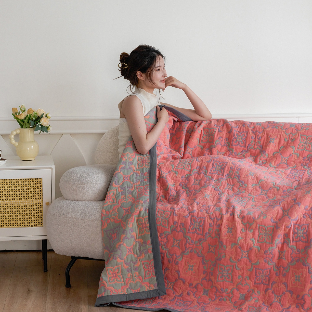 91家纺网 家纺一手货源 找家纺 棠薇家纺 2026新款纱布盖毯长绒棉纱布毛巾被夏被单双人棉纱盖毯毛巾毯夏季夏凉被空调被毯子可铺可盖床盖 年华粉