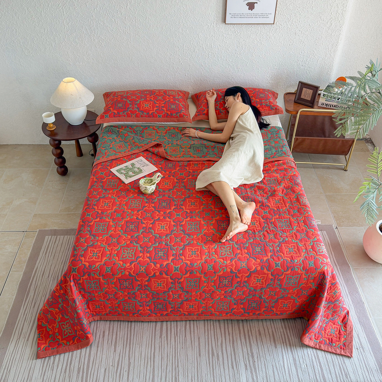 91家纺网 家纺一手货源 找家纺 棠薇家纺 2026新款纱布盖毯长绒棉纱布毛巾被夏被单双人棉纱盖毯毛巾毯夏季夏凉被空调被毯子可铺可盖床盖 年华红